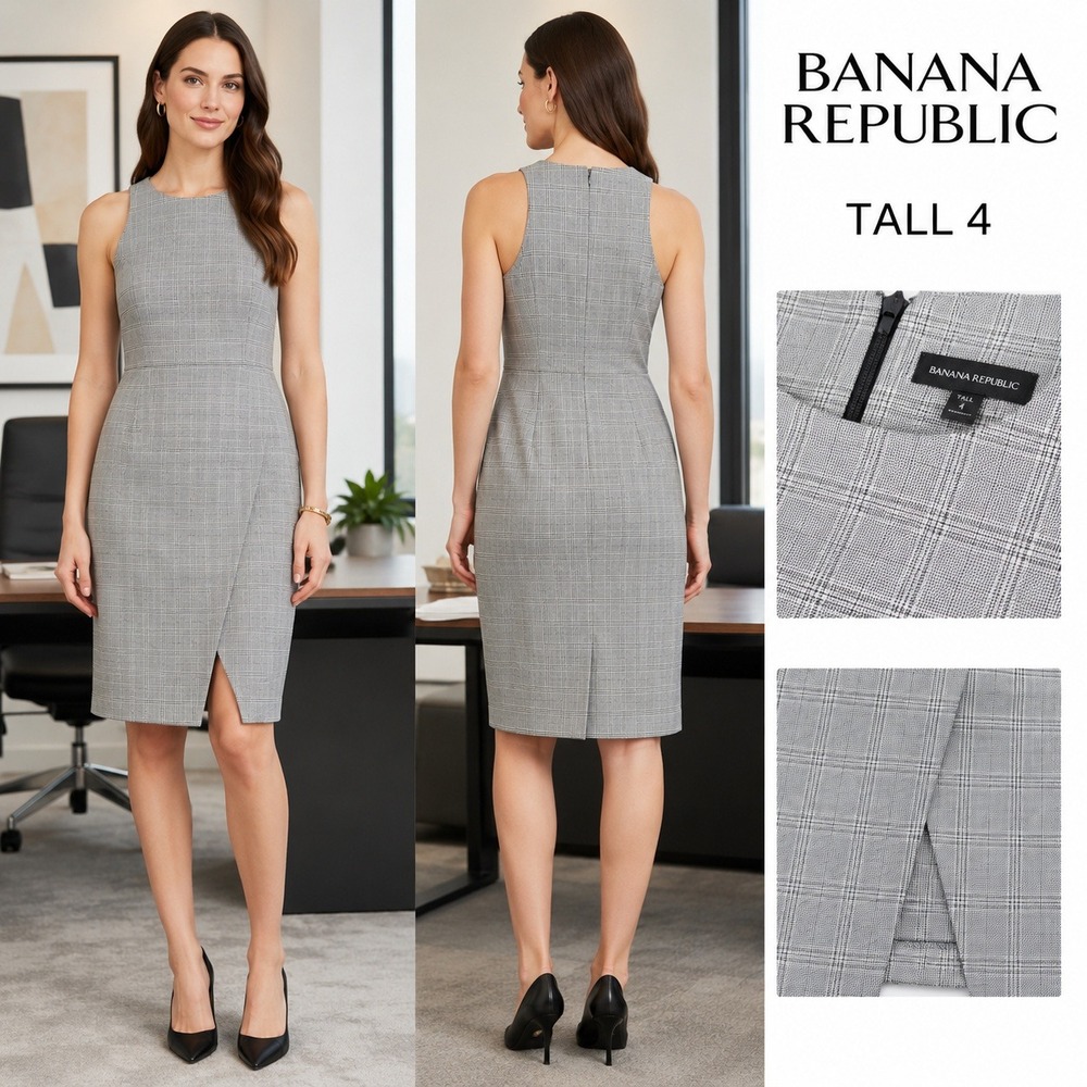 Banana Republic Grey Plaid Racerback Sheath Dress Tall 4 396387-00 Sleeveless